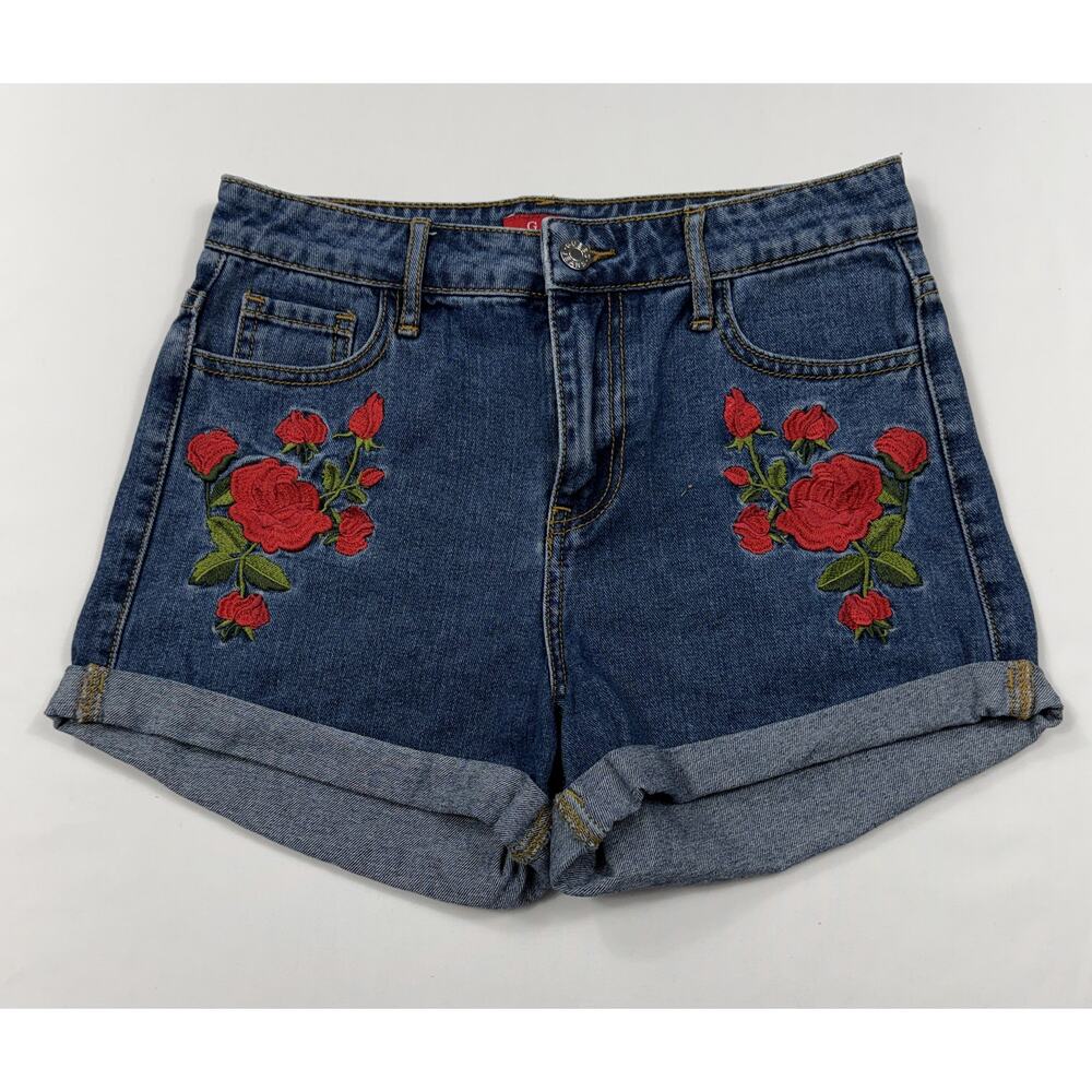 Guess Women’s High Rise Short Blue Denim With Rose Embroidery Size 25